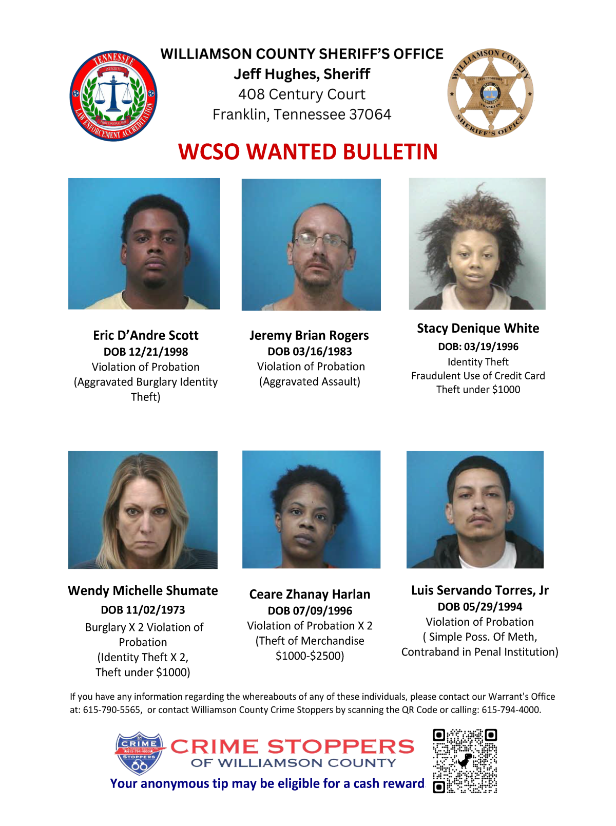 WCSO WANTED BULLETIN 10/15/2024 - Williamson County Sheriff’s Office