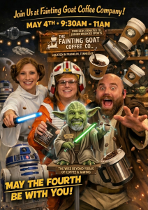 Funny AI generated photo of several deputies dressed as Star Wars characters, advertising their upcoming coffee event on May 4th.
