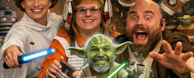 Funny AI generated photo of several deputies dressed as Star Wars characters, advertising their upcoming coffee event on May 4th.