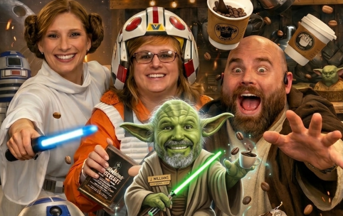 Funny AI generated photo of several deputies dressed as Star Wars characters, advertising their upcoming coffee event on May 4th.