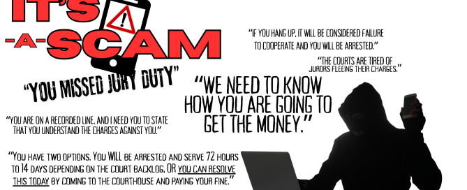 Bold letters say, IT's A SCAM" And a person wearing a black hoodie and a covering over his face sits at a table, using a laptop and holding a smartphone.