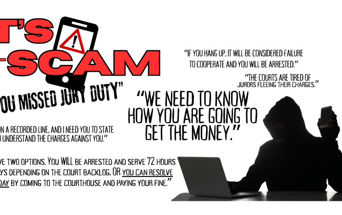 Bold letters say, IT's A SCAM" And a person wearing a black hoodie and a covering over his face sits at a table, using a laptop and holding a smartphone.