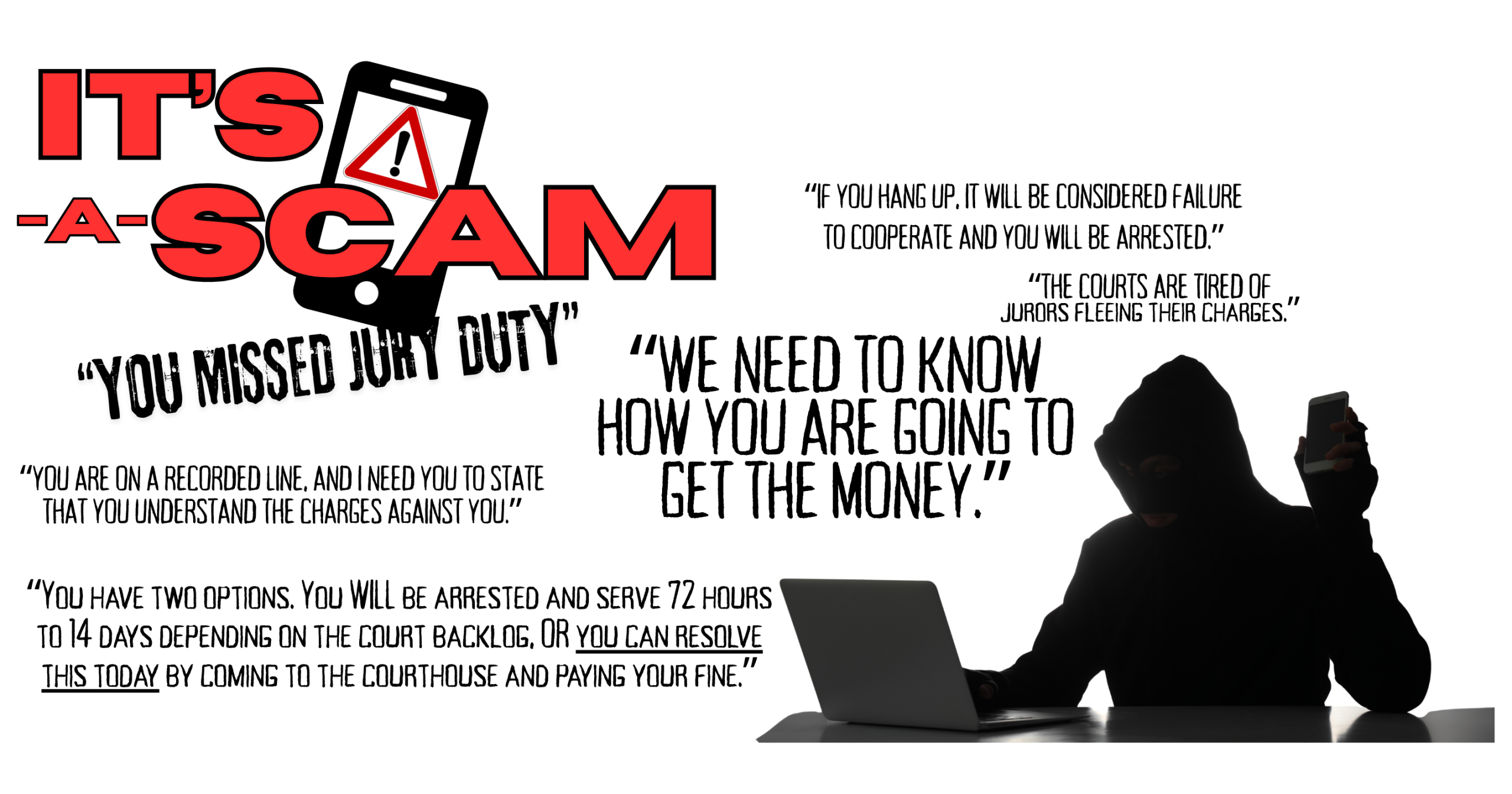 Bold letters say, IT's A SCAM" And a person wearing a black hoodie and a covering over his face sits at a table, using a laptop and holding a smartphone.
