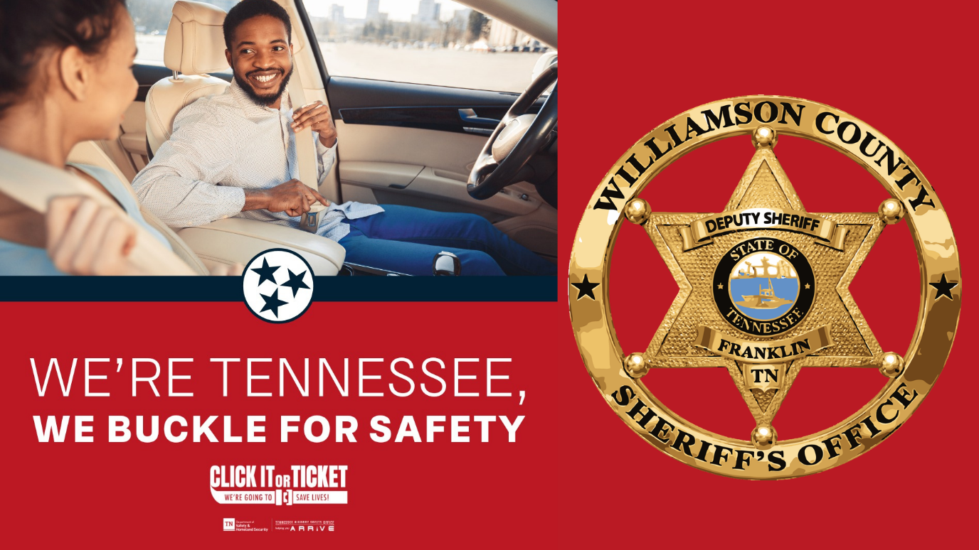 Click it or Ticket Day 2 Post A male and female are sitting in a car and buckling their seatbelts.