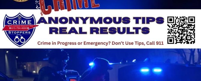 Graphic promoting Williamson County Crime Stoppers anonymous tip reporting. The image features Williamson County Sheriff’s Office and Crime Stoppers logos, large text reading “Crime Stoppers,” and the slogan “Anonymous Tips, Real Results.” A QR code is displayed for submitting anonymous tips online. Smaller text reads, “Crime in Progress or Emergency? Don’t Use Tips, Call 911.” The background shows Williamson County Sheriff’s Office deputies conducting a nighttime arrest beside patrol vehicles with blue emergency lights activated.