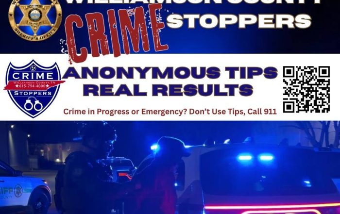 Graphic promoting Williamson County Crime Stoppers anonymous tip reporting. The image features Williamson County Sheriff’s Office and Crime Stoppers logos, large text reading “Crime Stoppers,” and the slogan “Anonymous Tips, Real Results.” A QR code is displayed for submitting anonymous tips online. Smaller text reads, “Crime in Progress or Emergency? Don’t Use Tips, Call 911.” The background shows Williamson County Sheriff’s Office deputies conducting a nighttime arrest beside patrol vehicles with blue emergency lights activated.