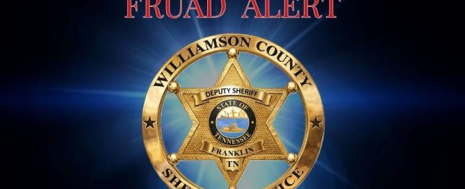 Williamson County Sheriff’s Office fraud alert graphic featuring the WCSO badge centered on a dark blue and black background, with the agency website, www.WilliamsonCountySheriffTN.com, shown at the bottom.