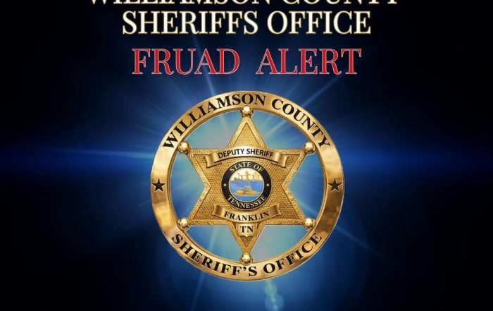 Williamson County Sheriff’s Office fraud alert graphic featuring the WCSO badge centered on a dark blue and black background, with the agency website, www.WilliamsonCountySheriffTN.com, shown at the bottom.