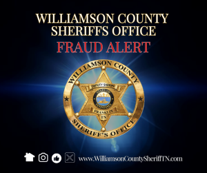 Williamson County Sheriff’s Office Fraud Alert graphic featuring the agency badge centered over a blue light background, with the Sheriff’s Office name at the top and website/social media icons along the bottom.