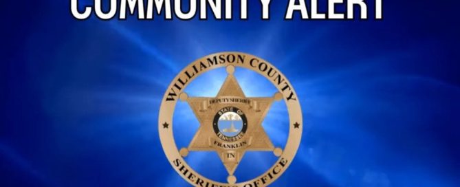 Blue Williamson County Sheriff’s Office graphic featuring the words “Community Alert” above the WCSO badge. Social media icons and the website WilliamsonCountySheriffTN.com appear along the bottom.