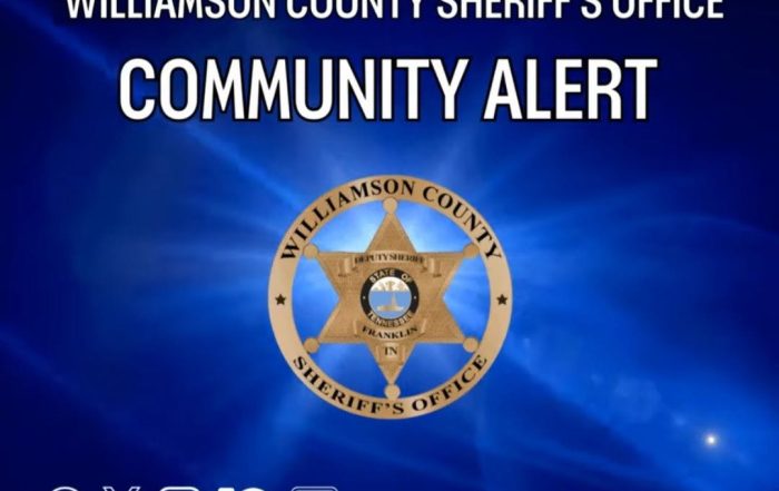Blue Williamson County Sheriff’s Office graphic featuring the words “Community Alert” above the WCSO badge. Social media icons and the website WilliamsonCountySheriffTN.com appear along the bottom.