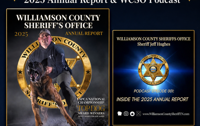 Graphic announcing the Williamson County Sheriff’s Office 2025 Annual Report and WCSO Podcast Episode 001, “Inside the 2025 Annual Report.” The design features the annual report cover with Deputy Shaun Stein and K9 Jasper, the podcast cover with the WCSO badge, and spaces for the annual report and podcast links.