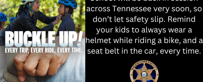 Two kids wearing helmets next to tree with caption "Buckle Up"