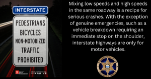 Black background with a white sign that says "Pedestrians, Bicycles. Non-Motorized Vehicles Prohibited" with a Blue Interstate Sign above it.