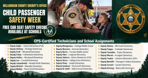 Graphic from the Williamson County Sheriff’s Office promoting Child Passenger Safety Week and free car seat safety checks at schools. The graphic shows a sheriff’s deputy assisting a mother and young child with a car seat outside a school, alongside the Williamson County Sheriff’s Office badge. Below is a three-column list of CPS-certified deputies and their assigned schools.