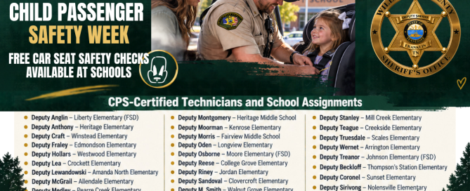 Graphic from the Williamson County Sheriff’s Office promoting Child Passenger Safety Week and free car seat safety checks at schools. The graphic shows a sheriff’s deputy assisting a mother and young child with a car seat outside a school, alongside the Williamson County Sheriff’s Office badge. Below is a three-column list of CPS-certified deputies and their assigned schools.