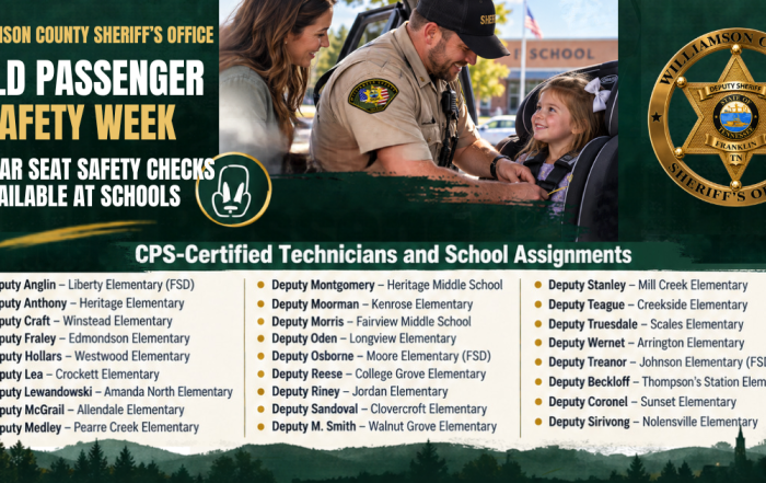 Graphic from the Williamson County Sheriffâs Office promoting Child Passenger Safety Week and free car seat safety checks at schools. The graphic shows a sheriffâs deputy assisting a mother and young child with a car seat outside a school, alongside the Williamson County Sheriffâs Office badge. Below is a three-column list of CPS-certified deputies and their assigned schools.