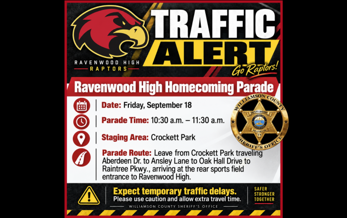 Red, black and gold Ravenwood High traffic alert graphic featuring the Raptors mascot and details for the Sept. 18 Homecoming Parade, including the 10:30 to 11:30 a.m. parade time, Crockett Park staging area, parade route and a warning to expect temporary traffic delays.