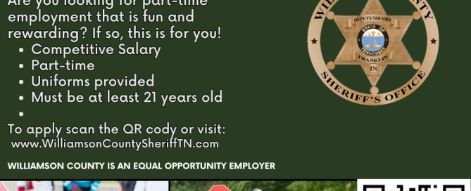 Williamson County Sheriff’s Office hiring graphic for an Information Technology Specialist. The full-time position supports computer hardware, software, networks and mobile systems. Benefits include competitive salary and benefits. Graphic includes the WCSO badge, a QR code and a photo of a person working on a