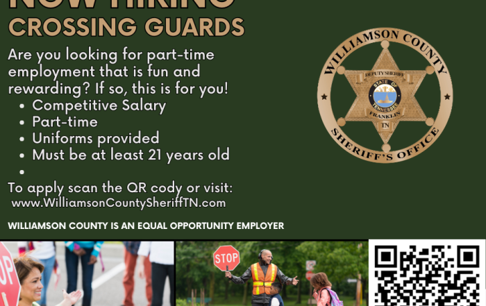 Williamson County Sheriff’s Office hiring graphic for an Information Technology Specialist. The full-time position supports computer hardware, software, networks and mobile systems. Benefits include competitive salary and benefits. Graphic includes the WCSO badge, a QR code and a photo of a person working on a