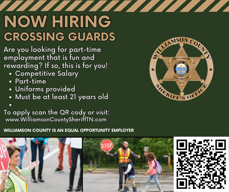 crossing Guard (4) Williamson County Sheriff’s Office hiring graphic for an Information Technology Specialist. The full-time position supports computer hardware, software, networks and mobile systems. Benefits include competitive salary and benefits. Graphic includes the WCSO badge, a QR code and a photo of a person working on a