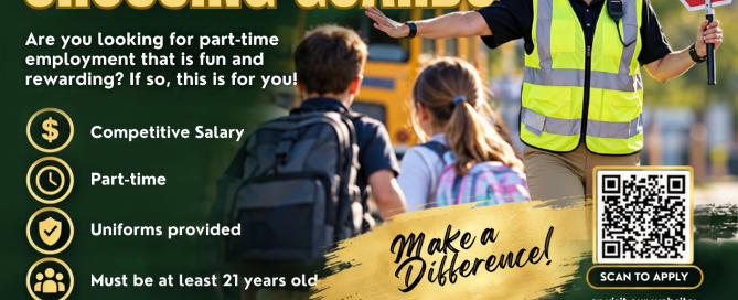 Williamson County Sheriff’s Office recruitment graphic announcing, “We Are Now Hiring Crossing Guards.” A school crossing guard wearing a reflective safety vest holds a stop sign while helping two children cross near a school bus. The graphic highlights competitive salary, part-time work, uniforms provided, and a minimum age of 21. It includes the message “Make a Difference,” a QR code to apply, WilliamsonCountySheriffTN.com, WCSO branding, Sheriff Jeff Hughes’ name and office contact information.