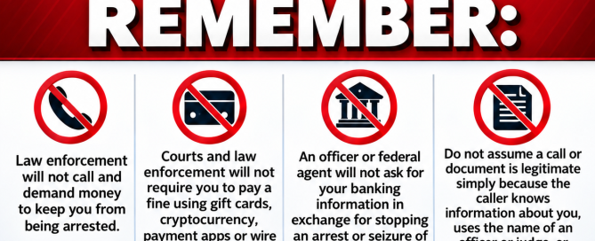 WCSO Community Alert graphic warning about jury duty scams. The design features Williamson County Sheriff’s Office insignia and a blue emergency light. Large text reads “Jury Duty Scam” and “Remember.” The graphic warns that law enforcement will not demand money to avoid arrest, courts and law enforcement will not require payment by gift cards, cryptocurrency, payment apps or wire transfers, and officers or federal agents will not request banking information to stop an arrest or seizure. It also cautions against assuming calls or documents are legitimate simply because they contain personal information or official-looking details. The main message reads: “Stop. Hang Up. Verify.” Residents are advised not to provide personal or financial information, send money, or use contact information supplied by the caller, and instead independently contact the official agency or court.
