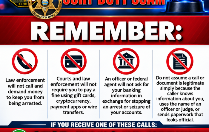 WCSO Community Alert graphic warning about jury duty scams. The design features Williamson County Sheriff’s Office insignia and a blue emergency light. Large text reads “Jury Duty Scam” and “Remember.” The graphic warns that law enforcement will not demand money to avoid arrest, courts and law enforcement will not require payment by gift cards, cryptocurrency, payment apps or wire transfers, and officers or federal agents will not request banking information to stop an arrest or seizure. It also cautions against assuming calls or documents are legitimate simply because they contain personal information or official-looking details. The main message reads: “Stop. Hang Up. Verify.” Residents are advised not to provide personal or financial information, send money, or use contact information supplied by the caller, and instead independently contact the official agency or court.