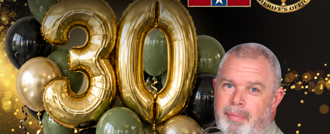 ALT Text: Congratulations graphic honoring Williamson County Sheriff's Office Lt. Joe Burns for 30 years of dedicated service. The design features a portrait of Lt. Burns in uniform, large metallic gold “30” balloons surrounded by olive green, black and gold balloons, and WCSO insignia. Gold lettering reads, “Congratulations Lieutenant Joe Burns & Thank You for 30 Years of Dedicated Service.” Gold confetti accents the black background.