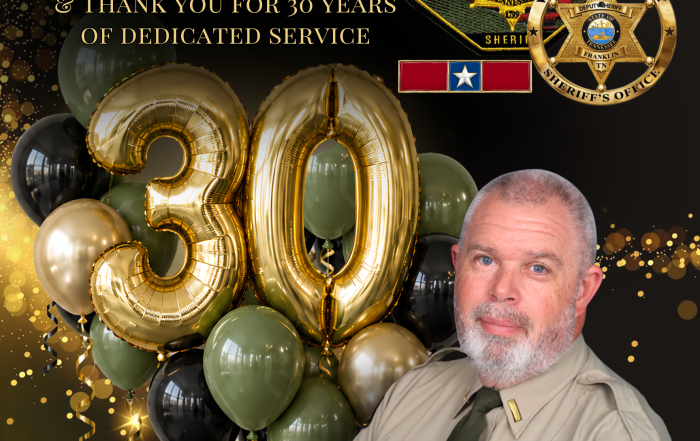 ALT Text: Congratulations graphic honoring Williamson County Sheriff's Office Lt. Joe Burns for 30 years of dedicated service. The design features a portrait of Lt. Burns in uniform, large metallic gold “30” balloons surrounded by olive green, black and gold balloons, and WCSO insignia. Gold lettering reads, “Congratulations Lieutenant Joe Burns & Thank You for 30 Years of Dedicated Service.” Gold confetti accents the black background.